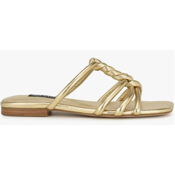 NINE WEST WOMENS MAKEE SQUARE GOLD FLAT DRESS SLIDE SANDAL 9M - Picture 1 of 9
